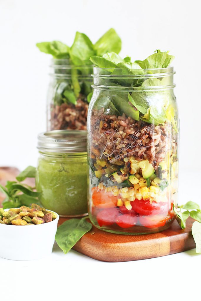 Wild Rice Mason Jar Salad with Basil Pesto