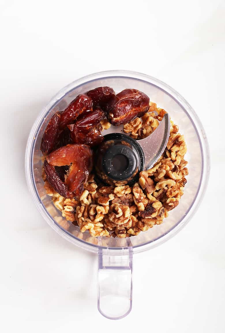 Dates and walnuts in a food processor