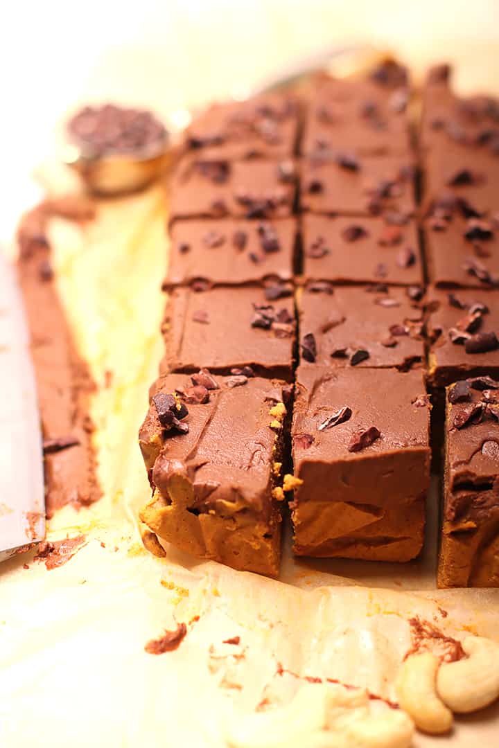 Finished fudge cut into slices on parchment