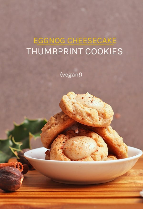 A spiced butter cookie filled with creamy eggnog-flavored cheesecake, these vegan Eggnog Thumbprint Cookies are the ultimate holiday cookie. Sure to impress!