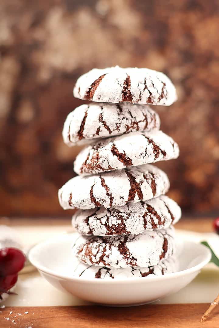 Stack of vegan chocolate crinkle cookies