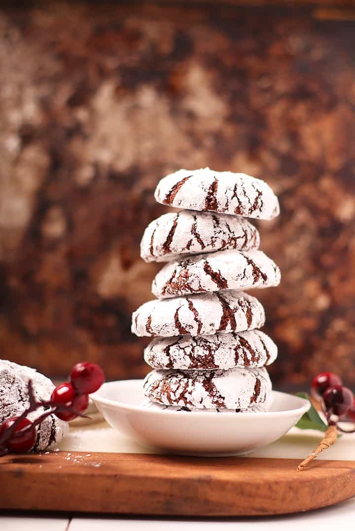Stack of vegan chocolate crinkle cookies