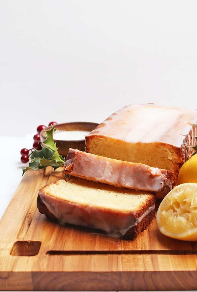 Finished loaf of pound cake cut into slices