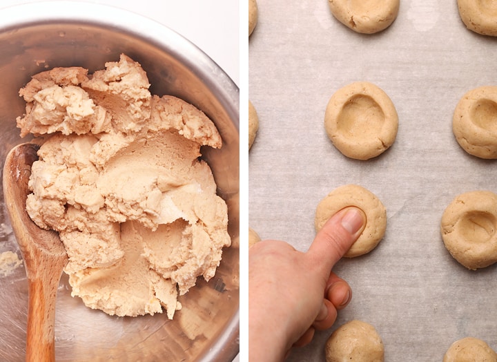 Shortbread dough and round cookie balls on parchment paper