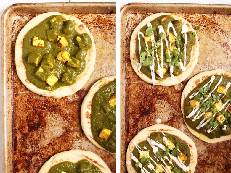 Palak Paneer Nanna Pizza on baking sheet