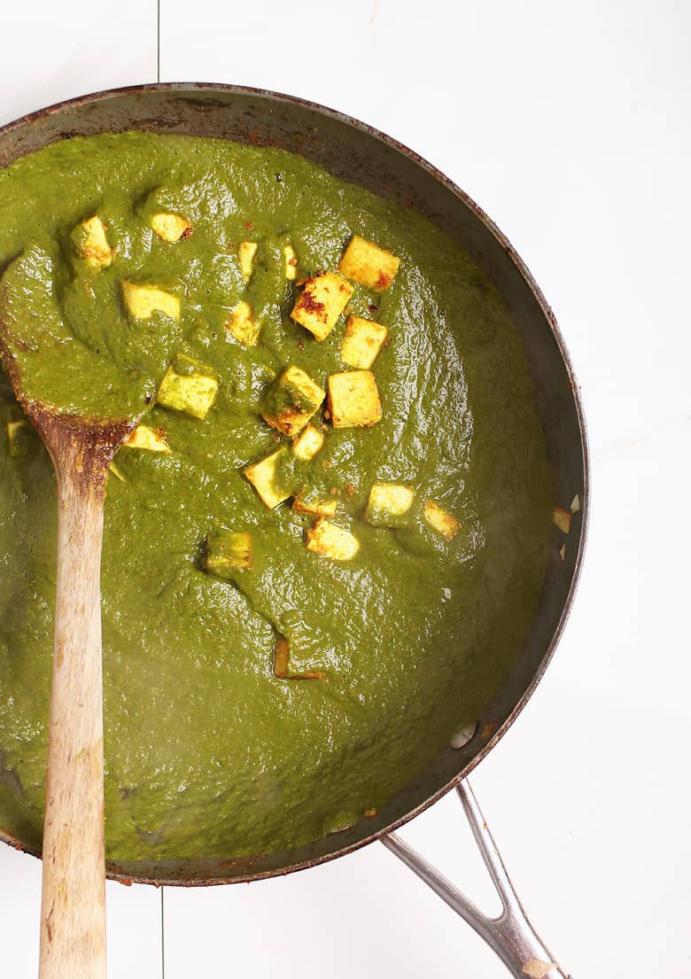 Palak Paneer with Tofu in a saucepan 