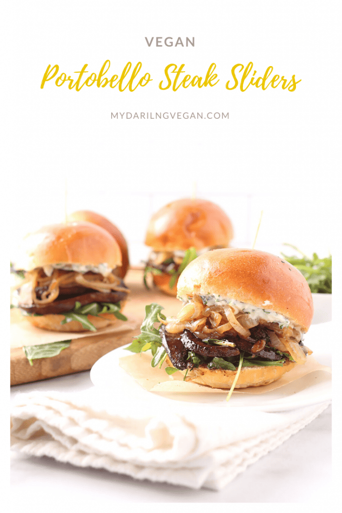 Bite into a delicious Portobello and Caramelized Onion Slider. These vegan sliders are filled with marinated portobello steaks and caramelized onions and topped with fresh arugula and basil aioli for a satisfying quick snack or light meal. 