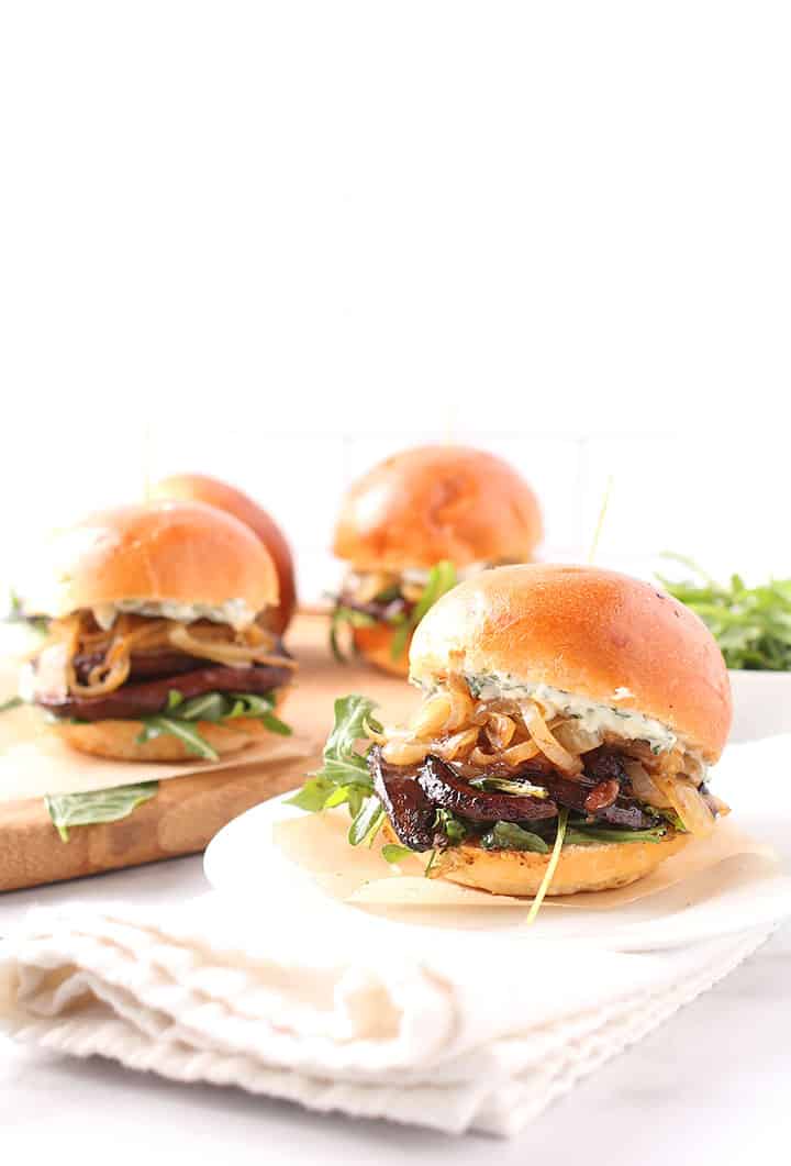 Vegan sliders with portobello and caramelized onions