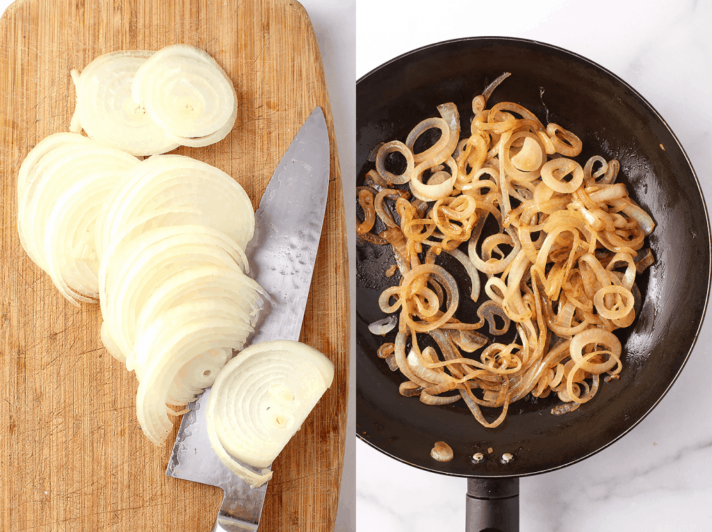 Sliced and caramelized onions