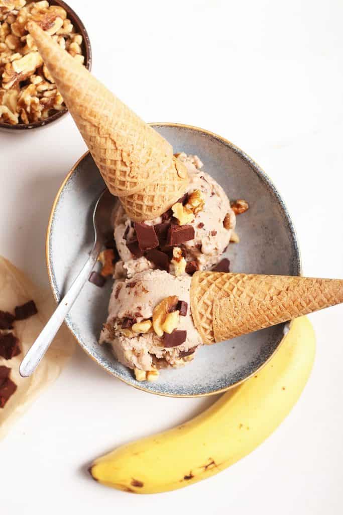 Vegan Chunky Monkey Ice Cream with cones