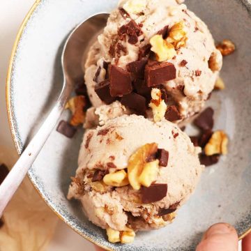 Bowl of vegan chunky monkey ice cream