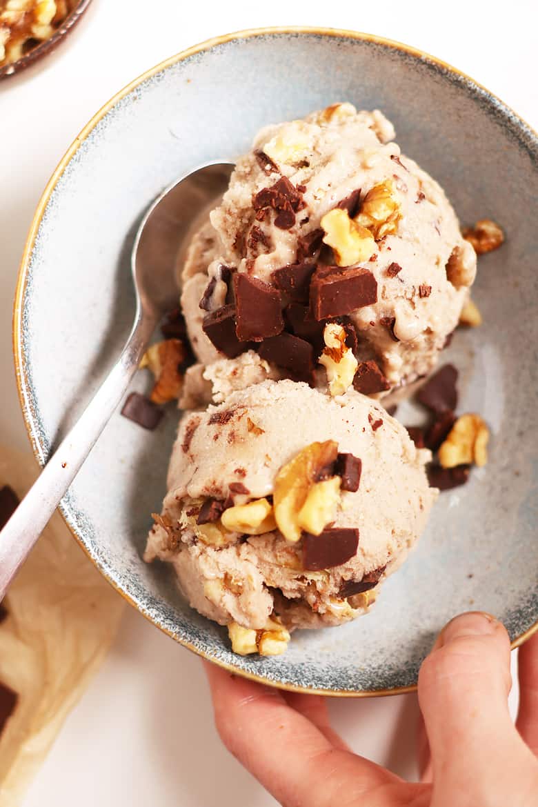 Bowl of vegan chunky monkey ice cream