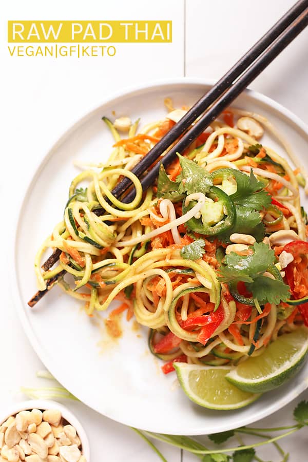 A healthy and refreshing salad, this raw Pad Thai is made with zucchini noodles, carrots, bell peppers, and fresh herbs. All topped with a homemade jalapeño almond sauce for a delicious and hearty meal. Made in under 30 minutes! 