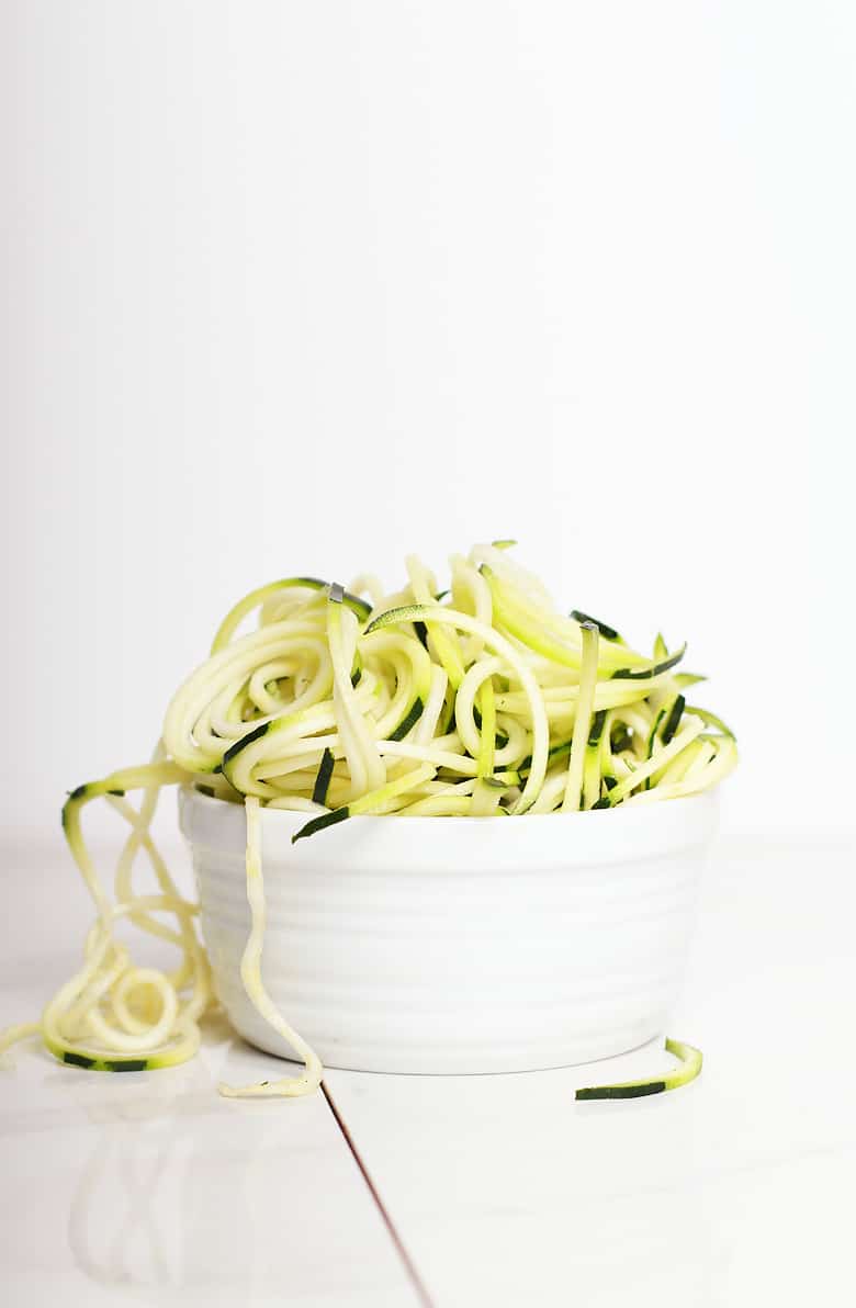 Spiralized noodles in a white dish