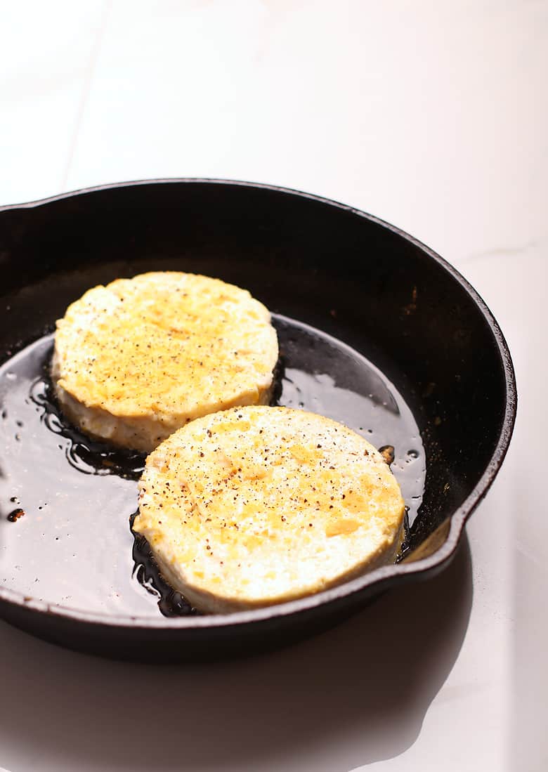 Sautéed tofu in a cast iron skillet