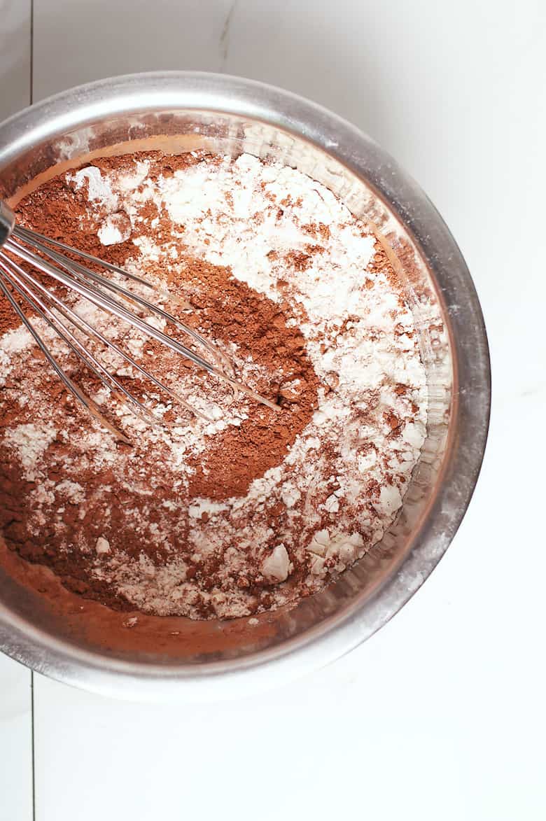 Flour and cocoa powder in a bowl