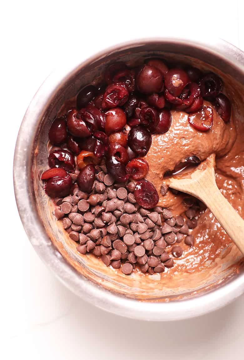 Chocolate batter with chocolate chips and cherries