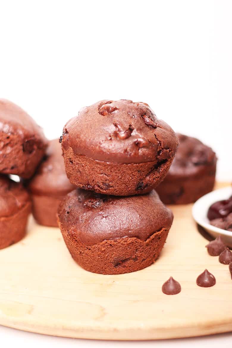 Stack of chocolate cherry muffins