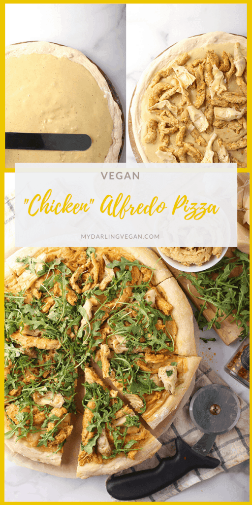 This Vegan Chicken Alfredo Pizza is a game changer! It's topped with creamy Alfredo sauce, artichoke hearts, arugula, and soy curls "chicken" for a delicious plant-based meal the whole family will love.