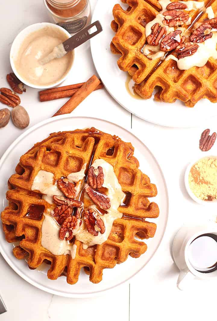 Vegan pumpkin waffles with cashew cream