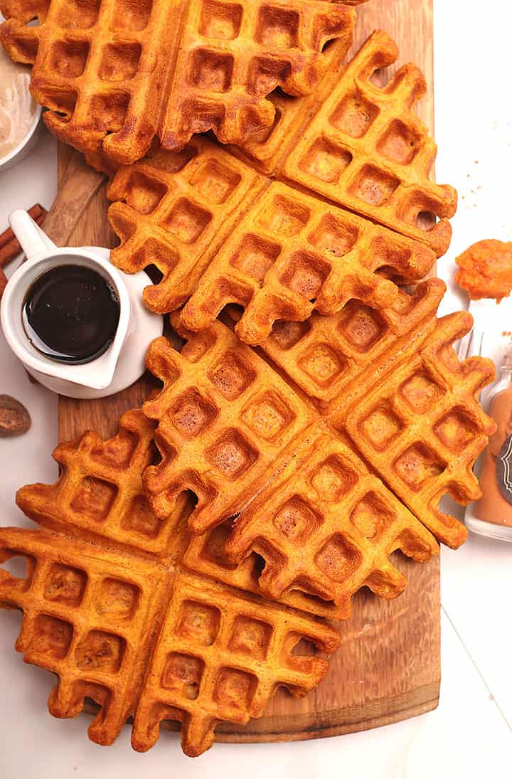 Pumpkin Waffles on wooden platter