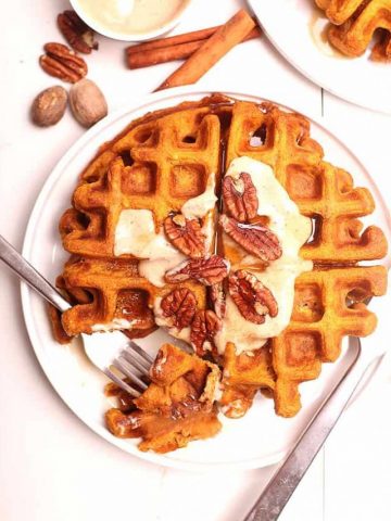 Pumpkin Waffles with cashew cream and pecans