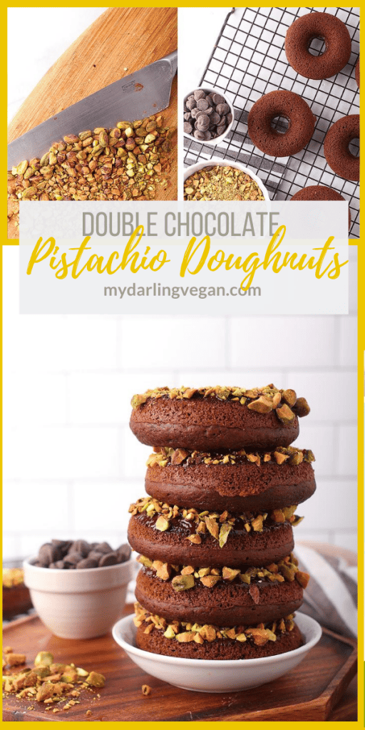 Bite into these amazing baked vegan chocolate donuts. They are dipped in chocolate ganache and topped with crushed pistachios for the perfect sweet and salty pastry.