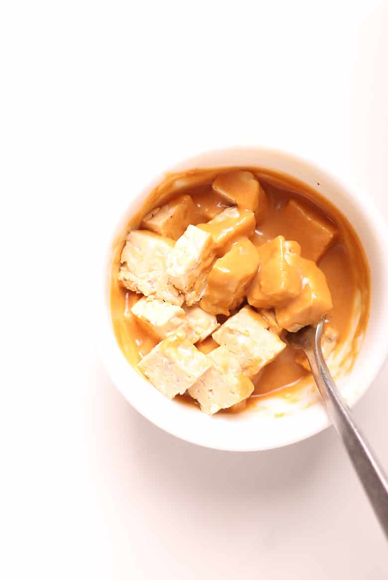 Cubed tempeh in peanut sauce