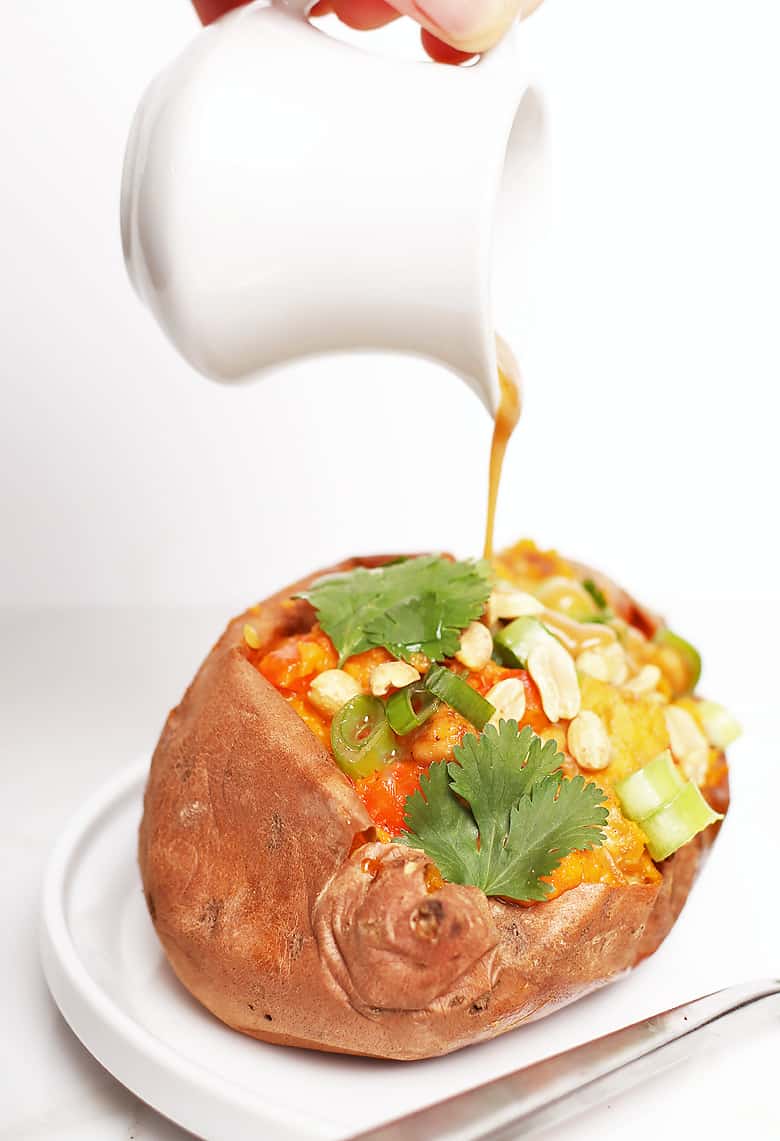 Stuffed sweet potato with peanut sauce