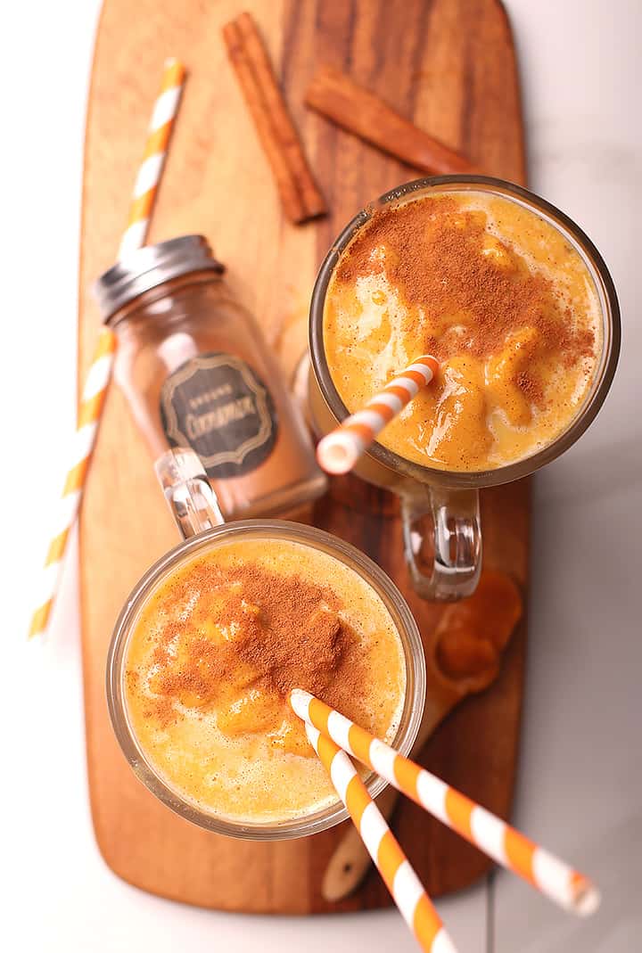 Overhead pumpkin pie smoothies