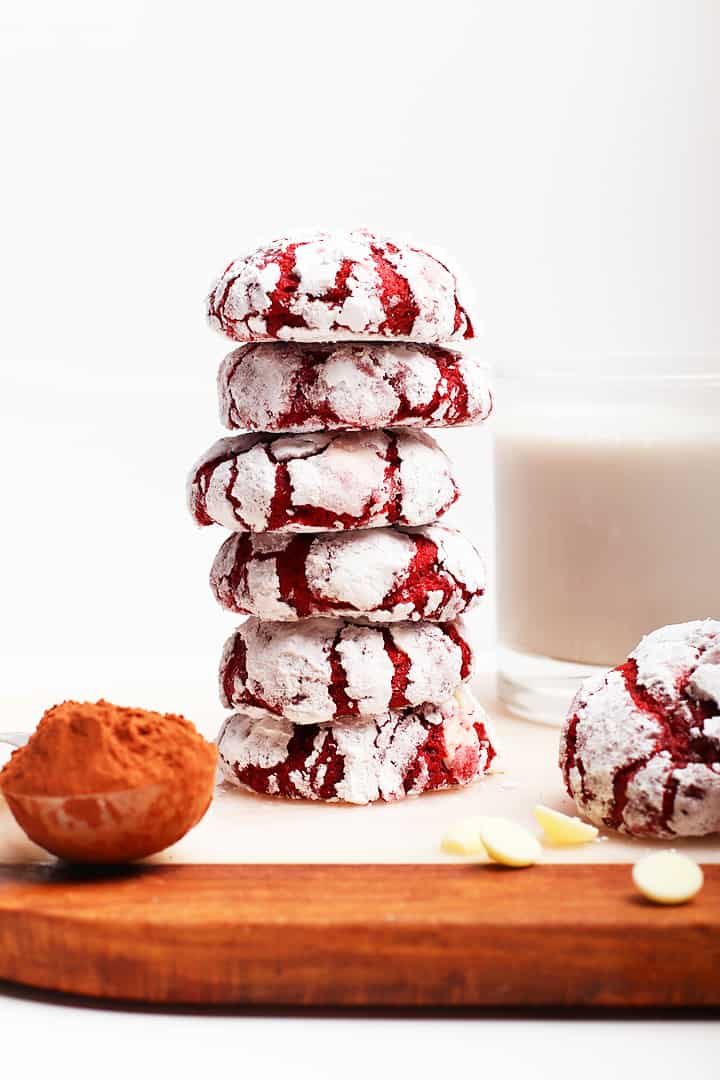 Stack of red velvet crinkle cookies