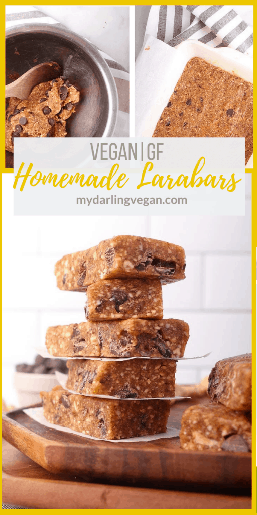 Homemade Larabars with chocolate chips are the perfect snack for busy people. Make with just 4 ingredients - cashews, peanuts, dates, and chocolate chips - for a delicious vegan and gluten-free sweet treat.