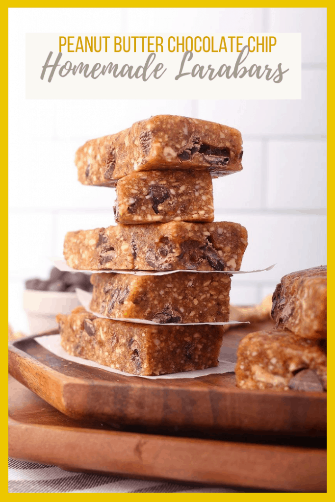 Homemade Larabars with chocolate chips are the perfect snack for busy people. Make with just 4 ingredients - cashews, peanuts, dates, and chocolate chips - for a delicious vegan and gluten-free sweet treat.