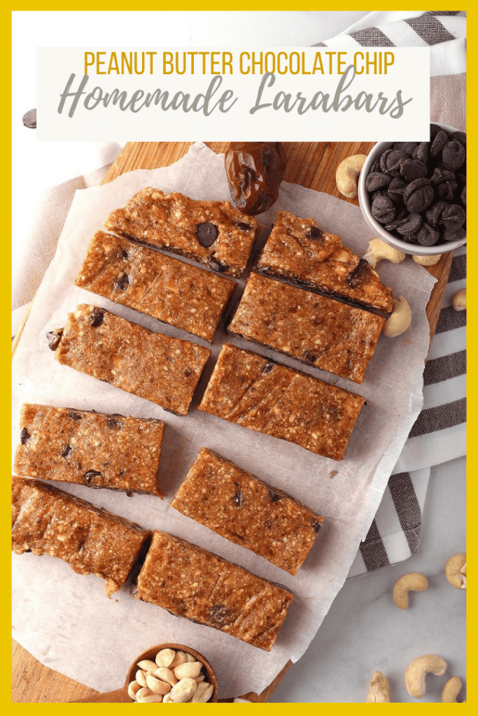 Homemade Larabars with chocolate chips are the perfect snack for busy people. Make with just 4 ingredients - cashews, peanuts, dates, and chocolate chips - for a delicious vegan and gluten-free sweet treat.