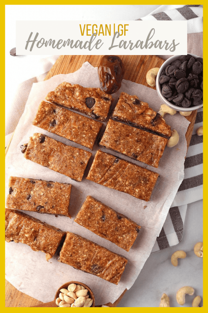 Homemade Larabars with chocolate chips are the perfect snack for busy people. Make with just 4 ingredients - cashews, peanuts, dates, and chocolate chips - for a delicious vegan and gluten-free sweet treat.