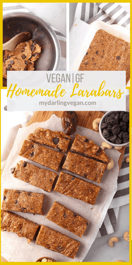 Homemade Larabars with chocolate chips are the perfect snack for busy people. Make with just 4 ingredients - cashews, peanuts, dates, and chocolate chips - for a delicious vegan and gluten-free sweet treat.