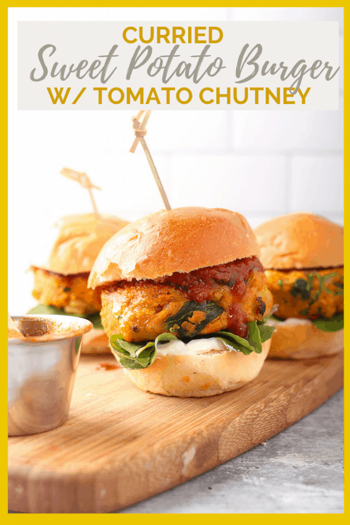 You're going to love this Vegan Sweet Potato Burger. They are made with a curried spiced sweet potato patty that is filled with veggies and herbs. The patty is served with cilantro aioli and tomato chutney for a hearty and healthy burger.