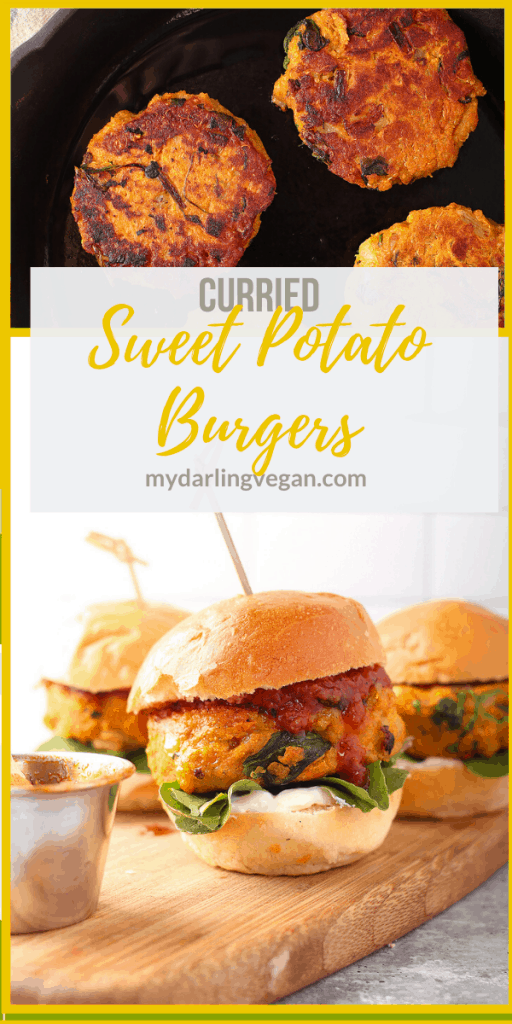 You're going to love this Vegan Sweet Potato Burger. They are made with a curried spiced sweet potato patty that is filled with veggies and herbs. The patty is served with cilantro aioli and tomato chutney for a hearty and healthy burger.