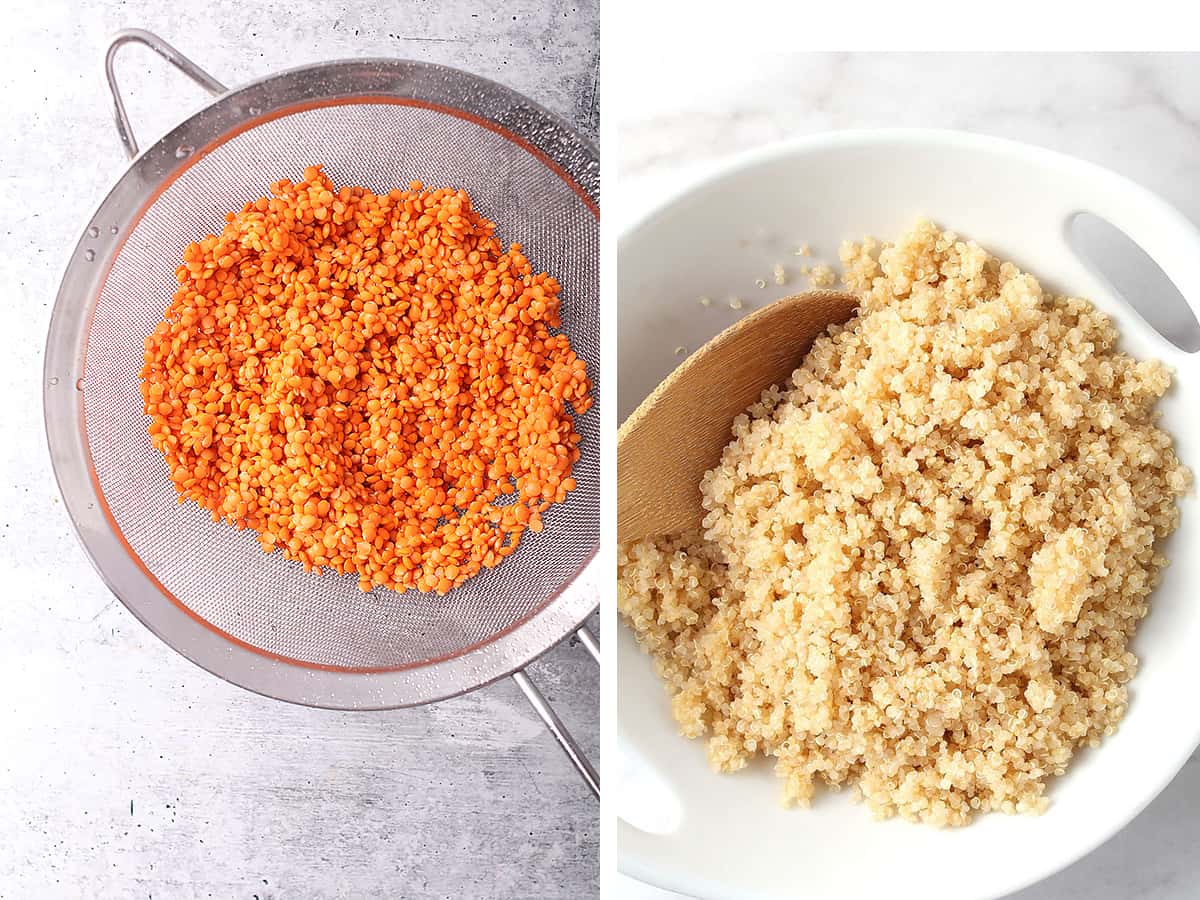 Red lentils in a fine mesh strainer and cooked quinoa in a white bowl