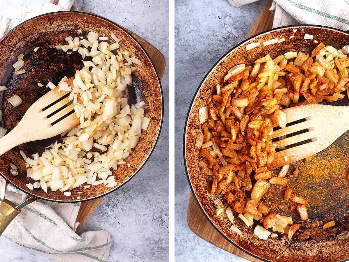 Sautéed onions and garlic in a skillet