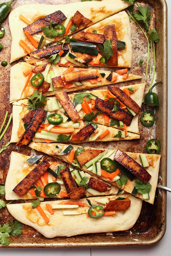 Banh mi pizza on a baking sheet