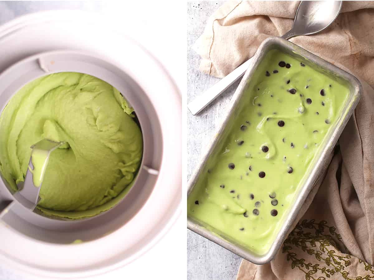 Mint chip ice cream in an ice cream maker