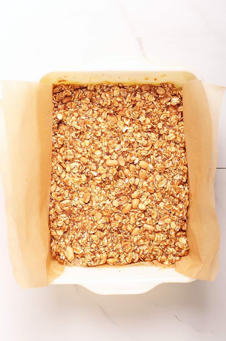 Granola bars pressed into a casserole dish