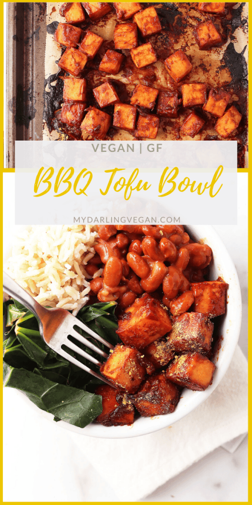A hearty dinner bowl made with BBQ tofu, black-eyed peas, and collard greens, all slathered in homemade BBQ Sauce. Made in just 30 minutes for a delicious vegan and gluten-free weeknight meal.