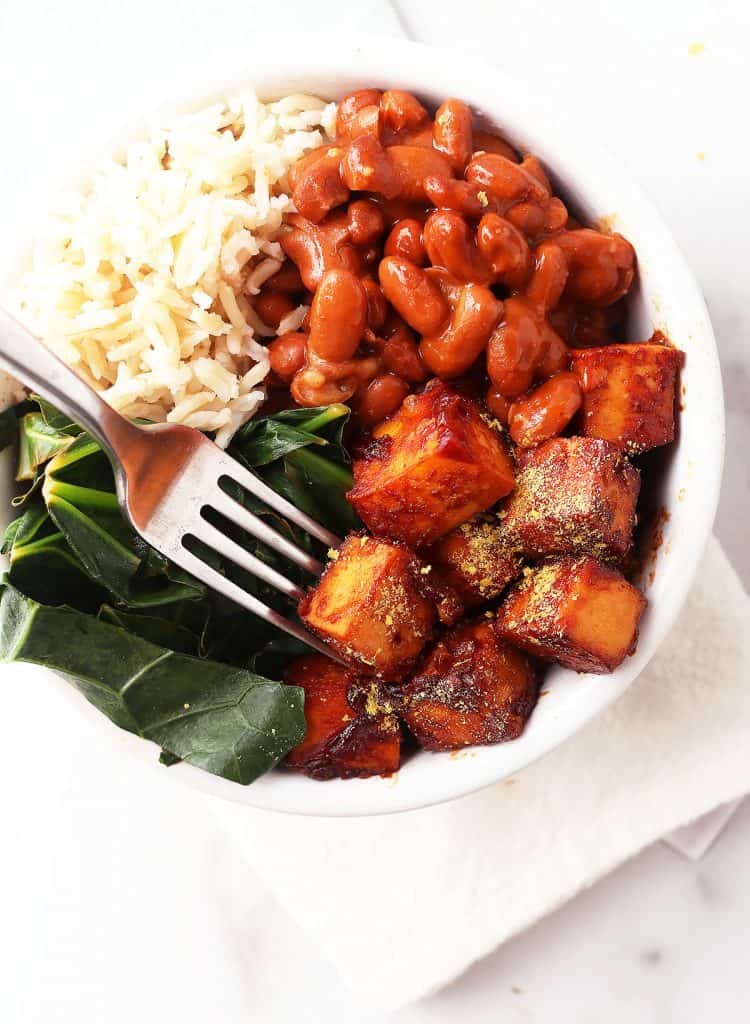 BBQ tofu with Swiss chard and beans