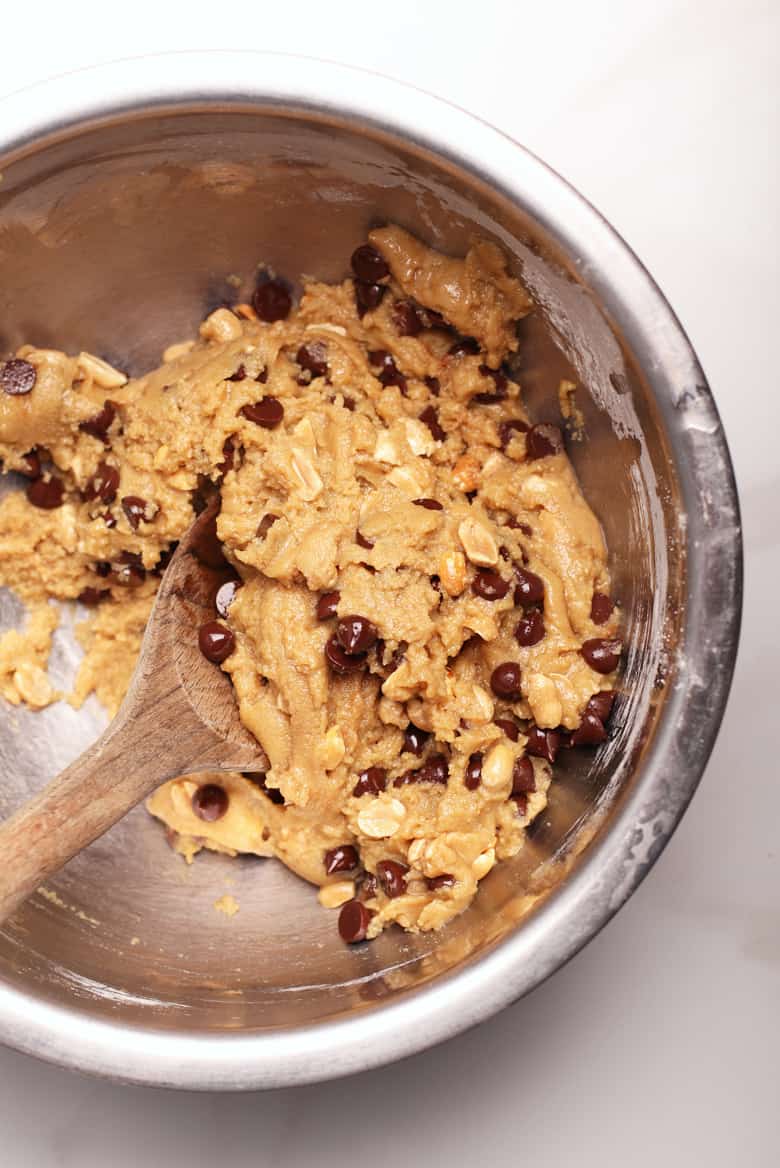 Gluten free vegan cookie dough in a mixing bowl