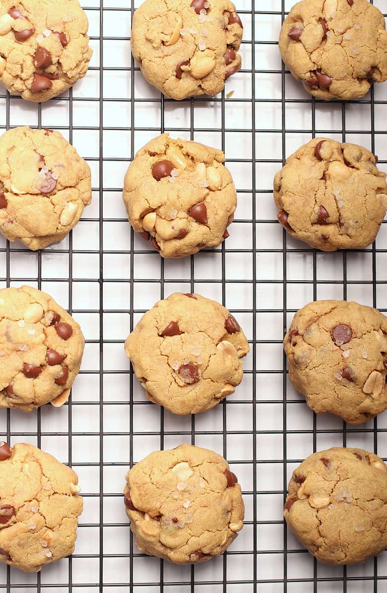 Vegan gluten free chocolate chip cookies on wire cooling rack