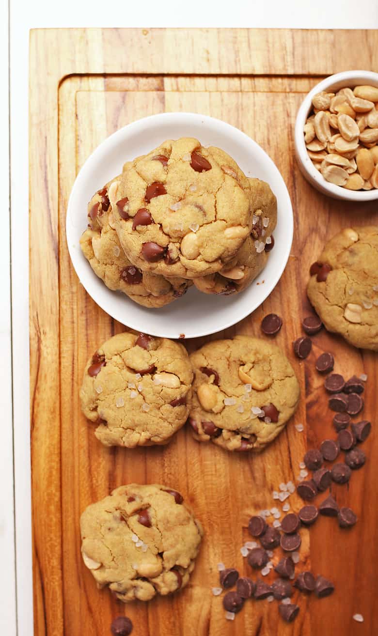 Vegan chocolate chip cookies on a wooden platter