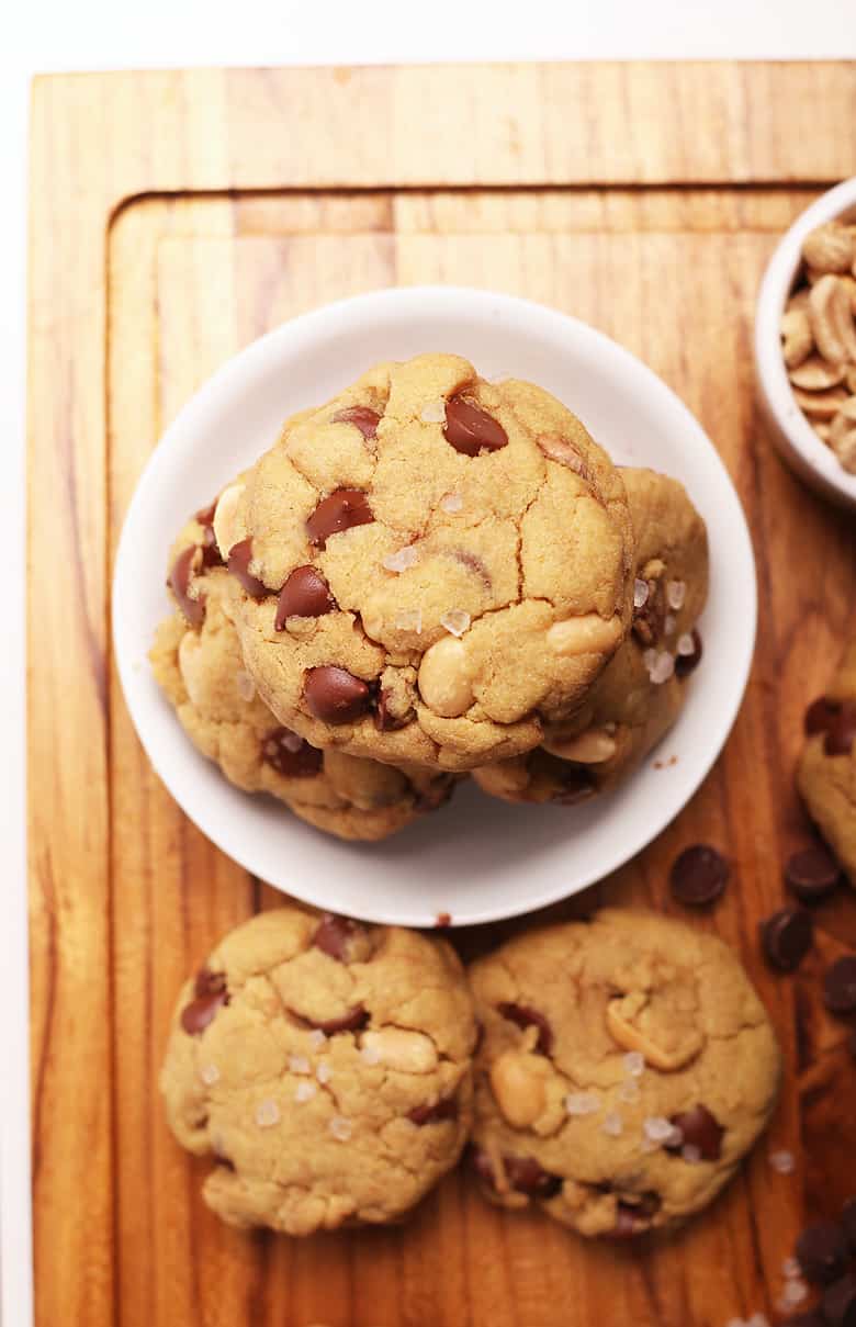 Gluten free Chocolate Chip Cookies on a wooden platter