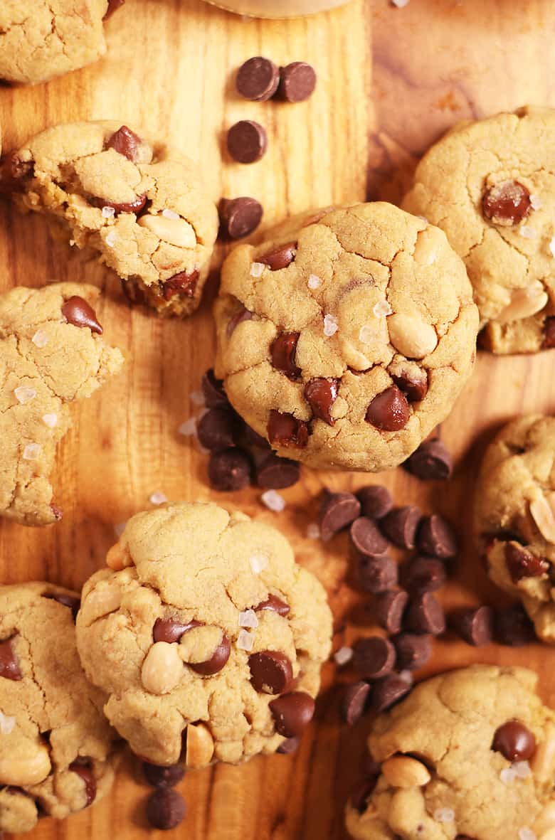 Gluten free Chocolate Chip Cookies on a wooden platter